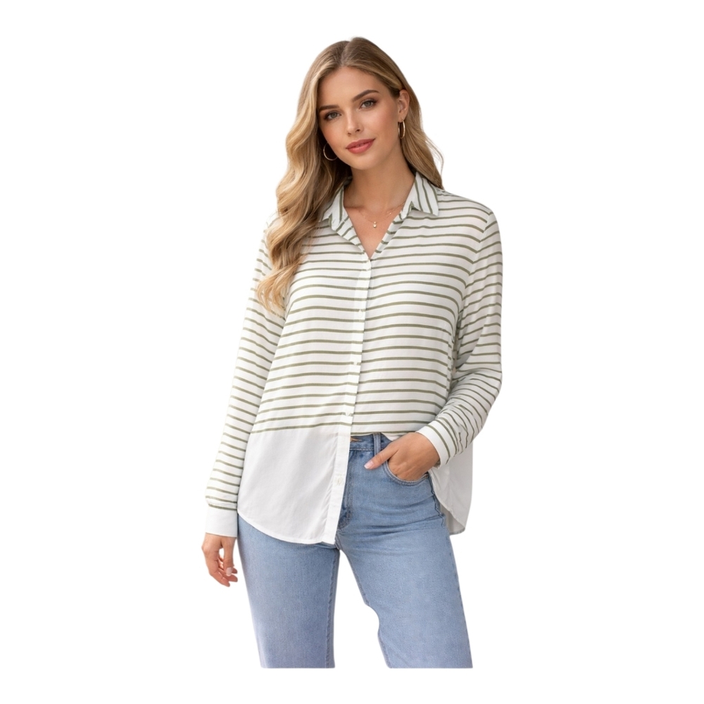 J. Jill Olive Green and White Striped Button-Down Shirt